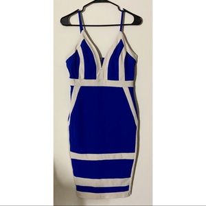 Madrag Blue and White Color Block Bodycon Dress w/ Spaghetti Sraps